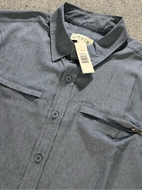 Orvis Men's Short Sleeve Woven Shirt Size Large Blue Zipper Pocket NWT